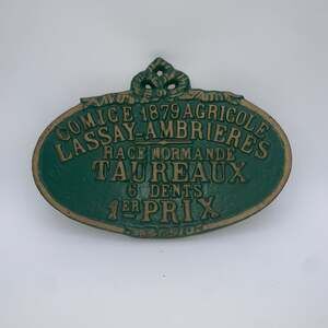 Vintage French Cast Iron Agricultural Sign - 1879 Cow Prize Plaque